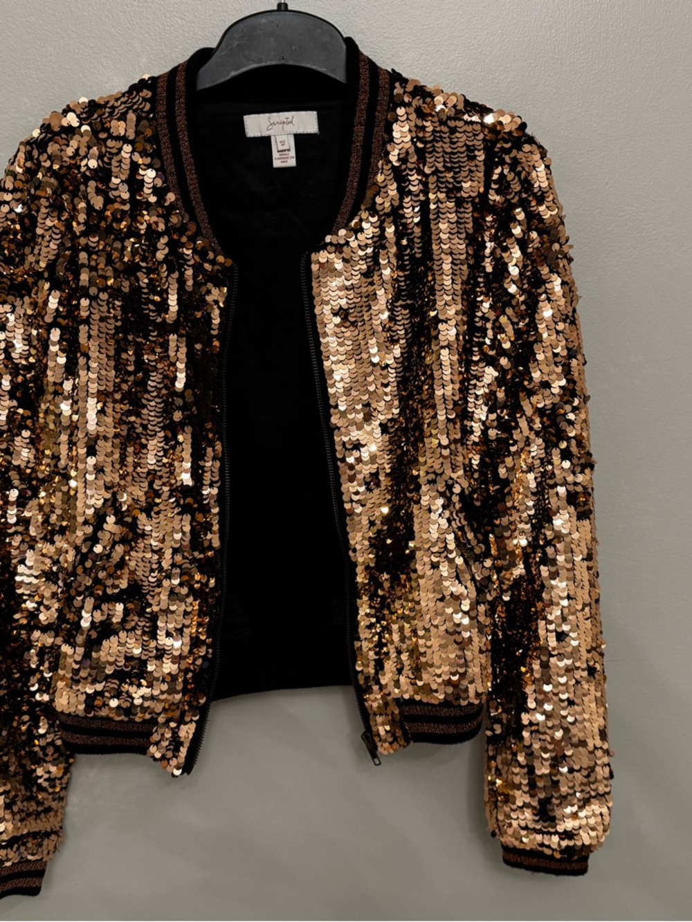 Scripted Sequin Bomber Jacket in Blush Gold glitter